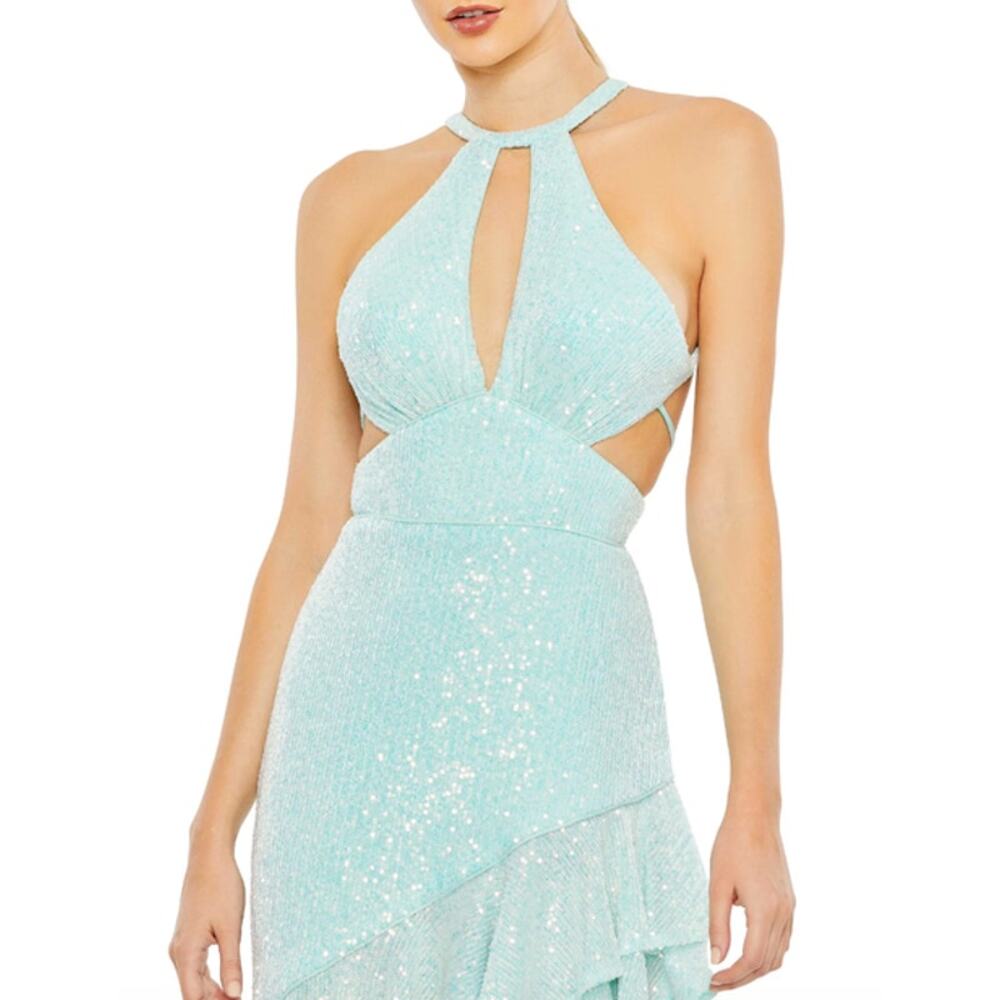 MAC DUGGAL Dress Size 0 Evening Gown Sequin Aqua NEW High Low Ruffle Cut Out - Picture 9 of 9